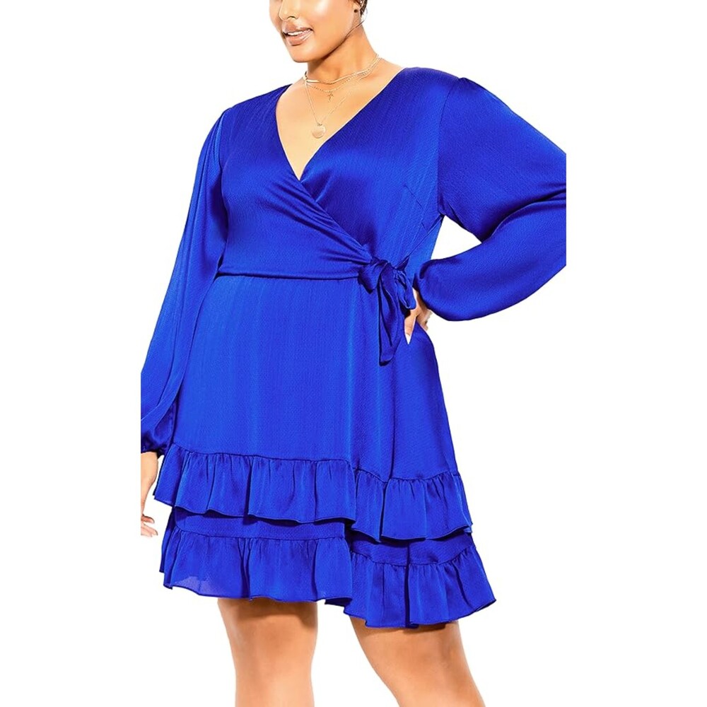 City Chic Arya Faux Wrap Dress Women's L / 20 Cobalt Blue Ruffle Long Sleeve NWT